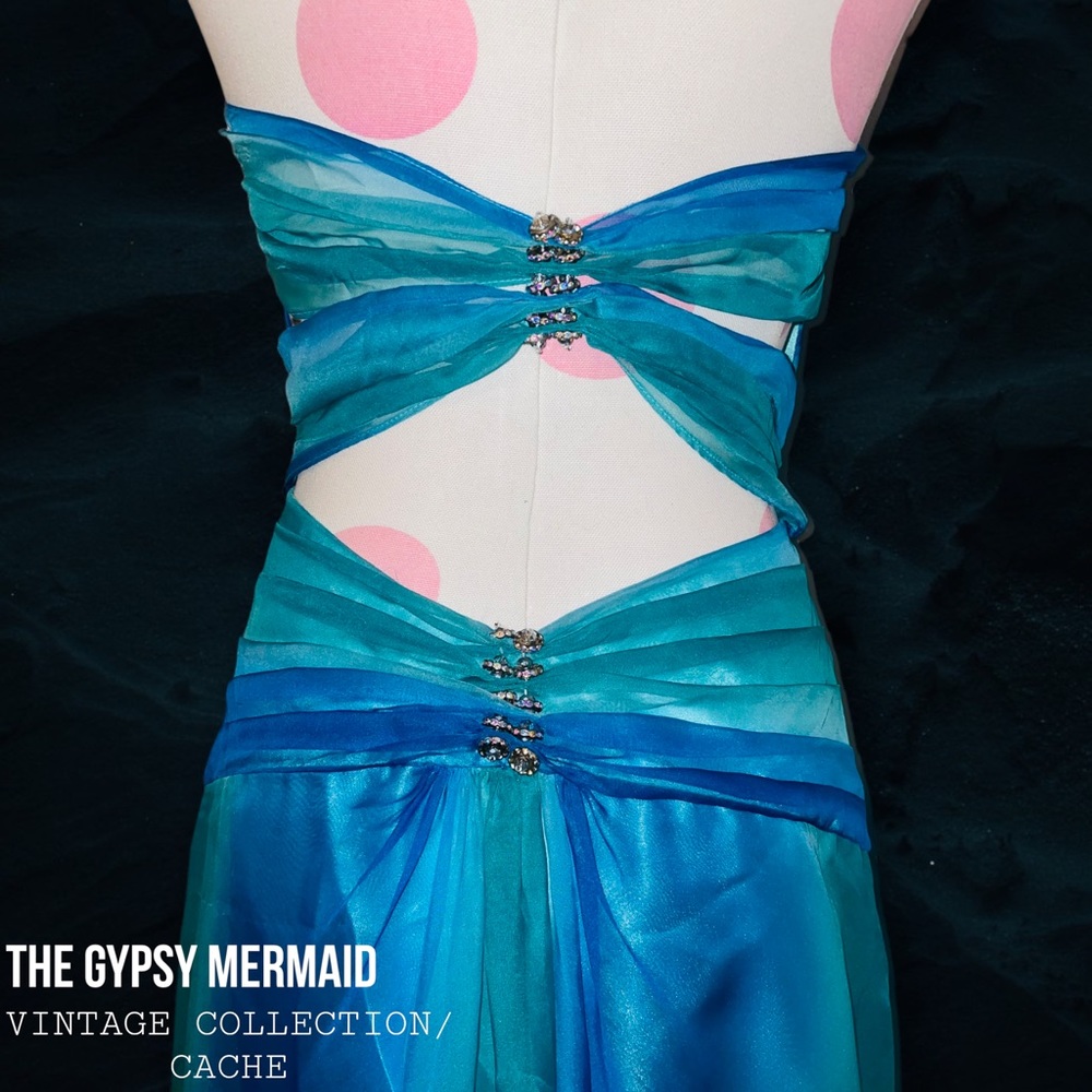 Cache Vintage Y2k Blue Chiffon Open Back Rhinesto… - image 4